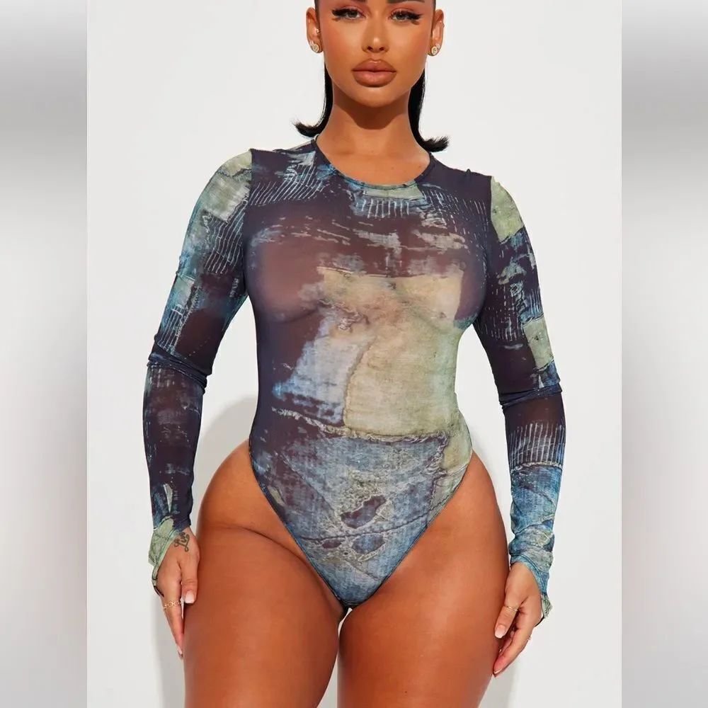 So Impressed Blue/combo Sheer Abstract Long Sleeve Bodysuit